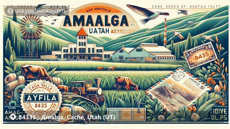 Modern illustration of Amalga, Cache County, Utah, showcasing dairy farming heritage, Cache Valley Cheese factory, and Amalgamated Sugar Company, with grasslands for cattle raising. Vintage postcard design with ZIP code 84335 and town hall postage stamp.