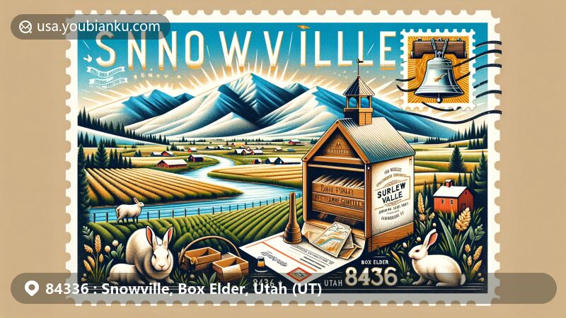 Modern illustration of Snowville, Box Elder, Utah (UT), showcasing agricultural and dairying importance in Curlew Valley with Deep Creek and surrounding mountains, featuring Curlew Valley Settler's Bell, Snowville Cemetery, vintage postal envelope with stamp, postmark, and rabbits symbolizing town's history and struggles.