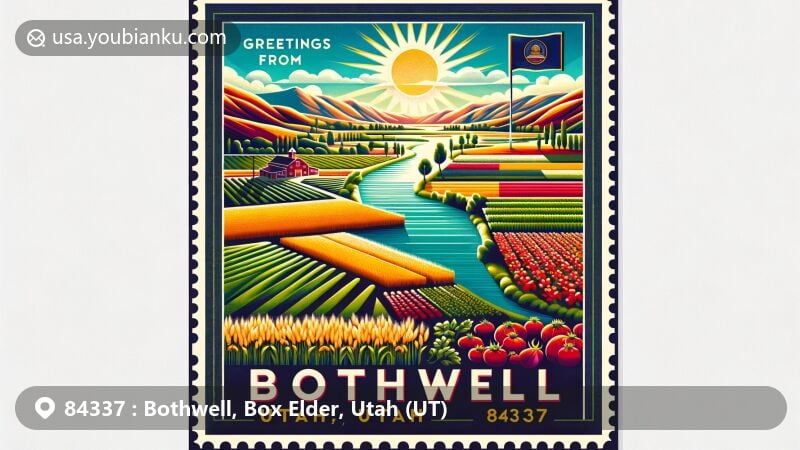 Vibrant illustration of Bothwell, Utah in ZIP Code 84337, showcasing Bear River Valley's agricultural diversity with wheat, barley, corn, oats, alfalfa, and more. Includes Salt Creek, Utah state flag, and 'Greetings from Bothwell, Utah'.