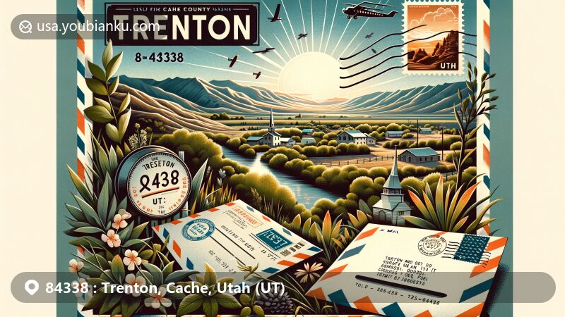 Modern illustration of Trenton, Utah, showcasing picturesque natural landscapes, vintage postcard theme with zip code 84338, including local symbols and Utah state flag.