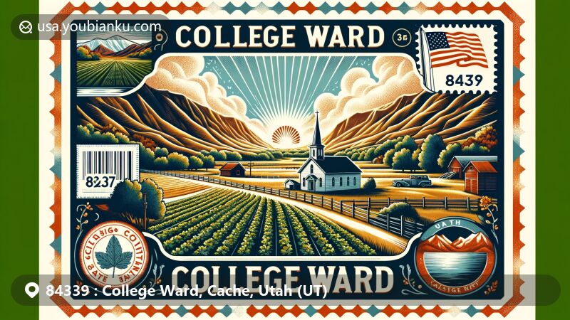 Modern illustration of College Ward, Cache County, Utah, showcasing rural charm, Wellsville Mountains, historical LDS Church, Utah state flag, and postal heritage elements.