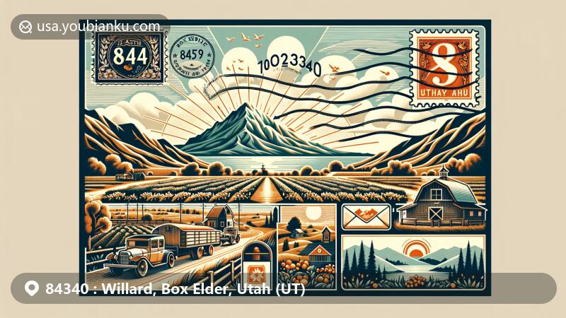 Modern illustration of Willard, Box Elder County, Utah, showcasing ZIP code 84340, featuring Willard Bay, Willard Peak, and local agriculture, styled as a vintage postcard with postal elements and the Utah state flag.