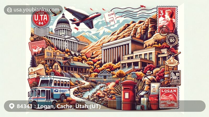 Modern illustration of Logan, Cache, Utah, showcasing ZIP code 84341 with Utah State University, Logan Canyon, outdoor activities, Logan Utah Temple, American West Heritage Center, and vintage postal elements.
