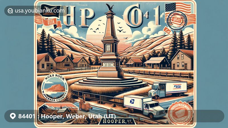 Modern illustration of Hooper, Weber County, Utah, featuring first house monument from 1854, Great Salt Lake, Wasatch Front, vintage postcard border, Utah state flag stamp, postal truck, and ZIP code 84401.