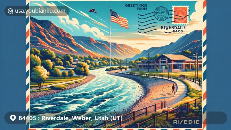 Illustration of Riverdale, Utah, ZIP code 84405, featuring the Weber River, Riverdale Civic Center, and Weber River Parkway Trail, with a postal-themed postcard design and Utah state flag in the sky.
