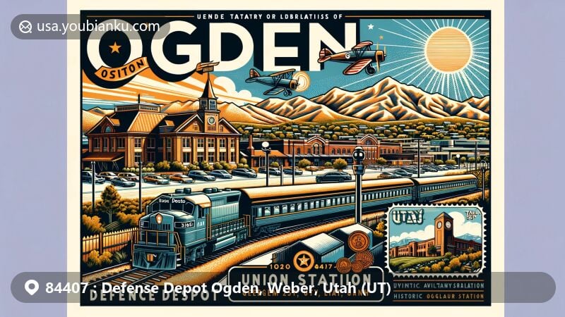 Modern illustration of Ogden, Utah, showcasing historical and modern aspects with Defense Depot Ogden and Union Station, backed by Wasatch Mountains. Featuring George S. Eccles Dinosaur Park, Ogden Nature Center, and Historic 25th Street.