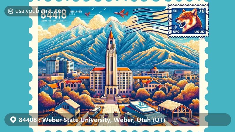 Modern illustration of Weber State University in Ogden, Utah, showcasing Stewart Bell Tower, Wildcats mascot, and scenic Wasatch Mountains, with postal theme featuring ZIP code 84408.