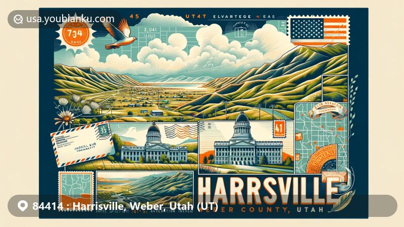 Modern illustration of Harrisville, Weber County, Utah, featuring rolling hills and diverse terrain, vintage postcard design with ZIP code 84414, Utah State Capitol, and postal elements, celebrating the area's natural beauty and postal identity.