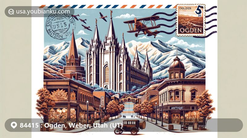 Modern illustration of Ogden, Utah, blending cultural and natural heritage with postal themes, showcasing iconic landmarks like Ogden LDS Temple and 25th Street, framed within an airmail envelope featuring a postage stamp, postmark with ZIP code 84415, and a label reading 'Discover Ogden's Rich Heritage'.