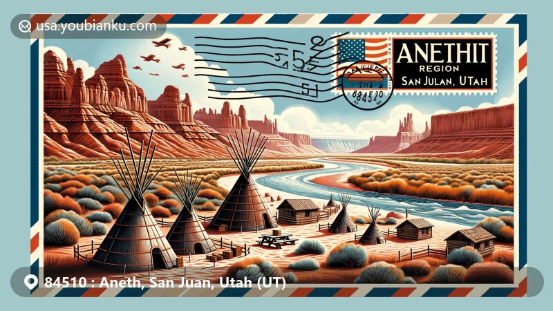 Modern illustration of Aneth, San Juan, Utah (UT), highlighting Aneth Oil Field, Navajo hogans, San Juan River, and red rock formations, with vintage airmail envelope, Utah state flag stamp, and ZIP code 84510.