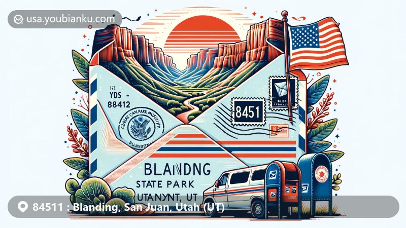 Modern illustration of Blanding, UT, featuring '84511' postal code area, showcasing Edge of the Cedars State Park Museum and Utah's Canyon Country, with airmail envelope, stamp, postmark, mailbox, postal van, and Utah state flag.