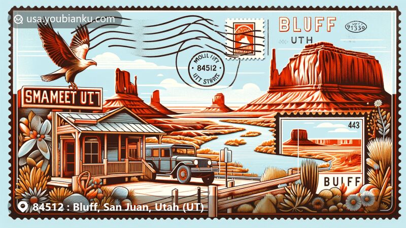 Modern illustration of Bluff, San Juan County, Utah, highlighting postal theme with ZIP code 84512, featuring Bluff Fort Historic Site, San Juan River, Monument Valley, Bears Ears National Monument, and desert landscapes.