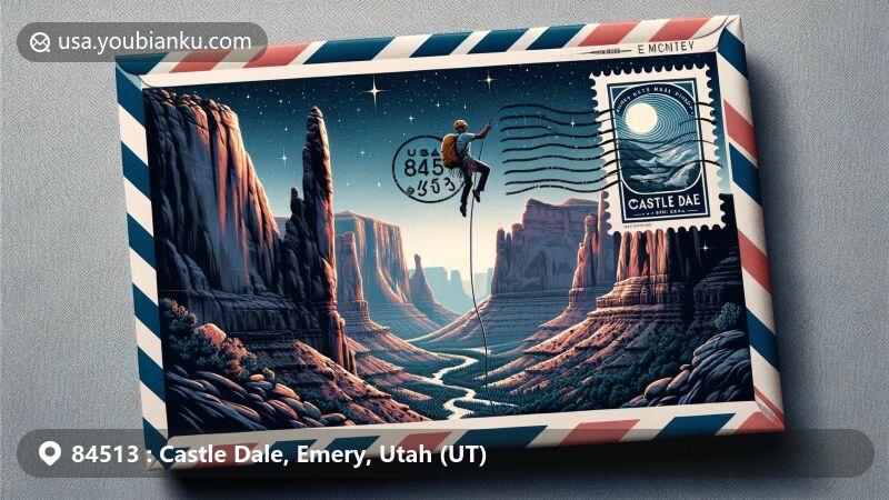 Modern illustration of Castle Dale, Utah, highlighting postal theme with ZIP code 84513, featuring rock climber in Joe's Valley, scenic San Rafael Swell, and clear night sky with stars.