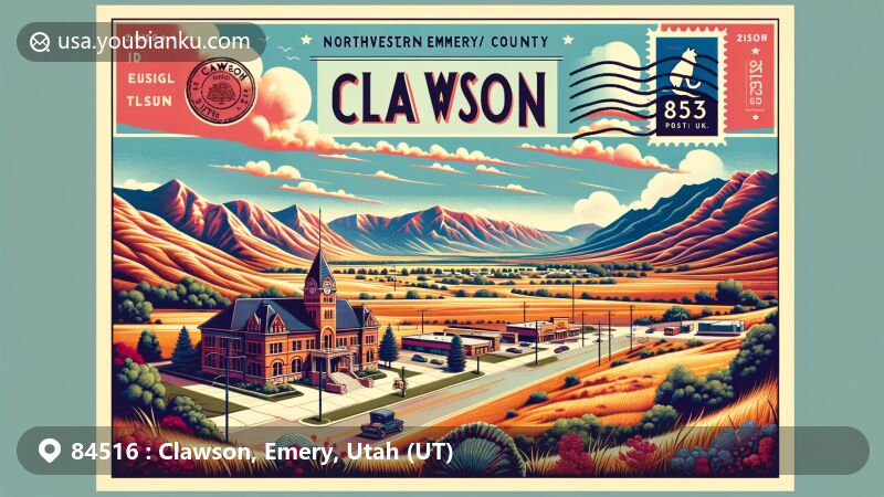 Modern illustration of Clawson, Utah, ZIP code 84516, featuring town hall as community symbol, Utah State Route 10's unique geography, vintage postal elements, and warm color palette.