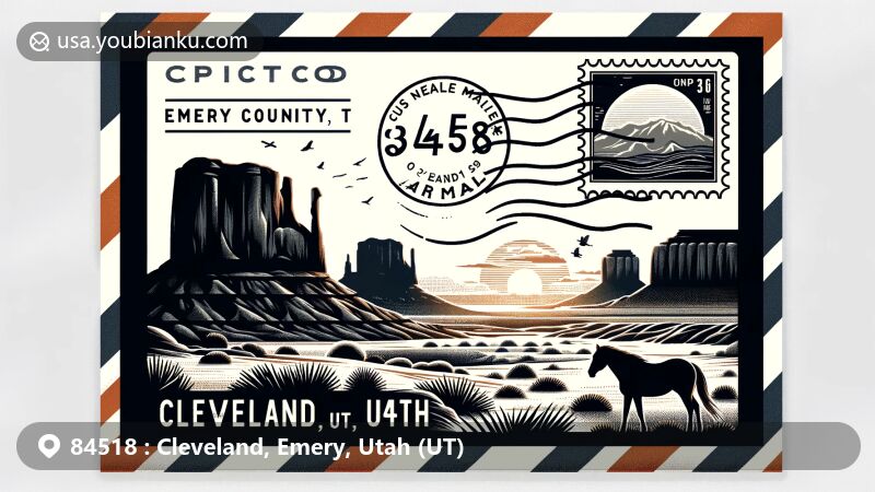 Modern illustration of Cleveland, Emery County, Utah, capturing the essence of ZIP code 84518 with a postcard or airmail envelope design. Features the San Rafael Swell silhouette, Old Spanish Trail connection, and postal elements like a postage stamp, postal mark, and mailbox.