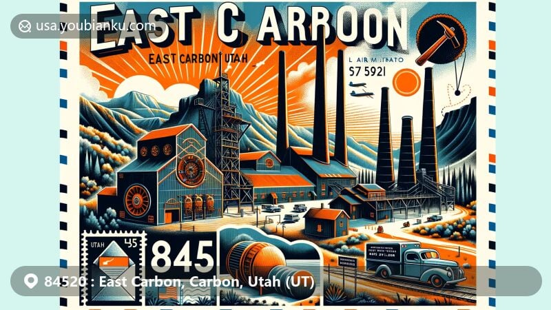 Modern illustration of East Carbon, Utah, capturing industrial essence with historical coal mining heritage, featuring rugged landscapes and unique blend of natural beauty and man-made structures