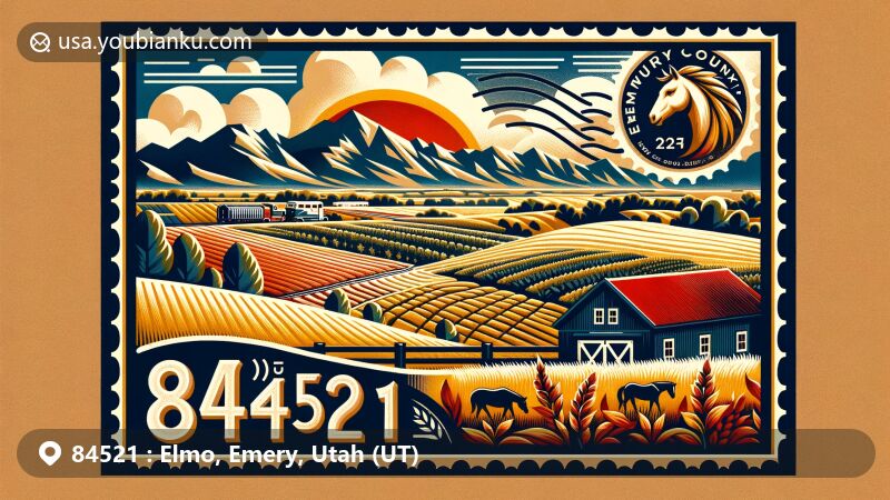 Creative and modern illustration of Elmo, Emery County, Utah, showcasing postal and regional characteristics with vibrant Utah landscape, Old Spanish Trail, vintage postage stamp, and wild horses, representing agriculture and natural beauty.