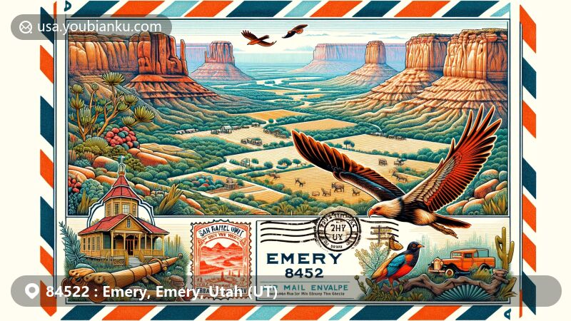 Modern illustration of Emery, Utah, showcasing geological wonders of San Rafael Swell like Salt Wash View Area and Ghost Rock View Area, integrated with rural lifestyle and coal mining history, featuring vintage air mail envelope with Emery LDS Church stamp and Rochester Rock Art Panel.