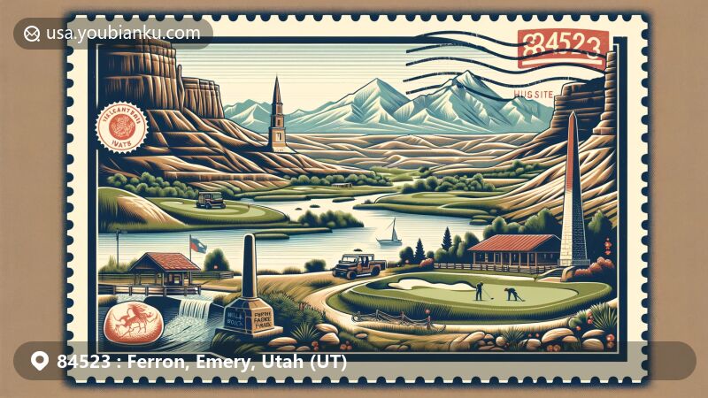 Modern illustration of Ferron, Utah, showcasing key attractions like Millsite State Park, Ferron Box Pictographs, and Petroglyphs, nestled between the Swell and Manti-La Sal Mountains.
