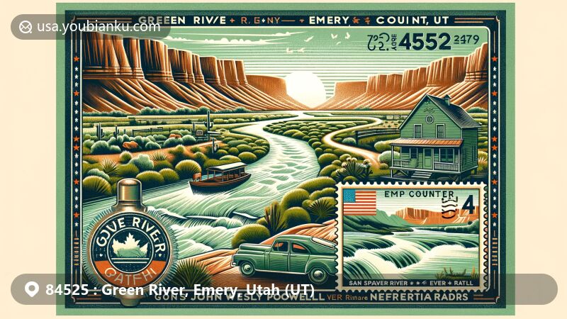 Modern illustration of Green River, Emery County, Utah, highlighting the scenic Green River and San Rafael Swell, featuring John Wesley Powell River History Museum, Nefertiti Rapids, and Old Spanish Trail.