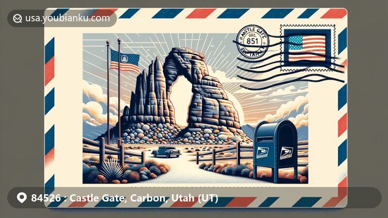 Modern illustration of Castle Gate, Utah, featuring the iconic rock gate formation symbolizing the area's coal mining history intertwined with a postcard design and airmail envelope, highlighting the theme of communication and connection.