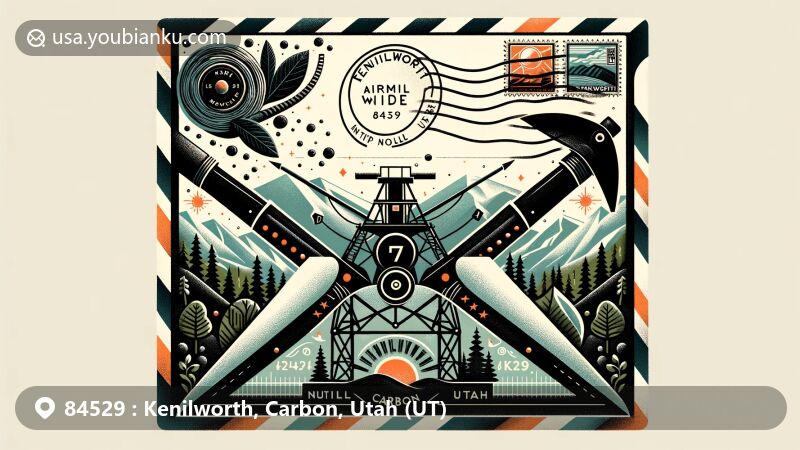 Modern illustration of Kenilworth, Carbon, Utah, depicting coal mining history and natural scenery, featuring coal and mining tools, surrounded by mountains and forests, incorporating postal elements like stamps and ZIP code 84529.