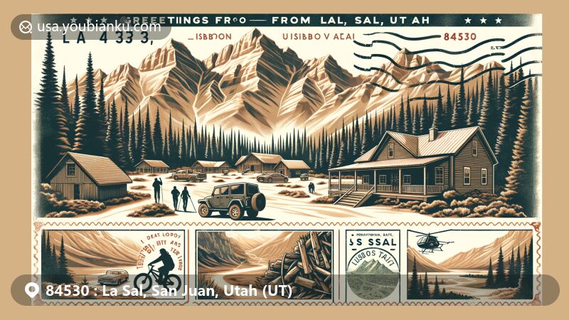 Modern illustration of La Sal, San Juan, Utah, showcasing majestic La Sal Mountains, unique geological features, notable elevation changes, and diverse climate, with vintage postcard layout featuring 'Greetings from Utah 84530, La Sal' capturing postal essence. Image includes outdoor activities like hiking or mountain biking, hinting at recreation opportunities in Lisbon Valley and surrounding BLM lands for off-road vehicles and cyclists. Depicts a miniature representation of 3 Step Hideaway, highlighting renovated old houses, cabins, and cellars for rustic charm, accentuating local accommodation and adventurous spirit. Postal elements such as vintage stamp featuring La Sal Mountains, dated postmark, and prominently displayed ZIP code cleverly integrated to emphasize natural beauty, cultural aspects, and postal communication of La Sal, all incorporated into a creative and eye-catching design.