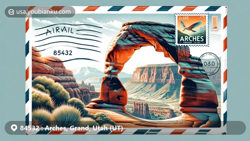 Modern illustration of Arches, Grand, Utah area with ZIP code 84532, showcasing iconic Delicate Arch against red rock landscapes of Arches National Park, featuring a creatively designed airmail envelope with vintage-style stamp of Delicate Arch.