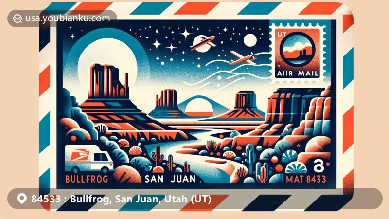 Vibrant illustration of ZIP Code 84533 in Bullfrog, San Juan, Utah, featuring iconic landmarks like Natural Bridges National Monument and Monument Valley, with Bullfrog Marina and Lake Powell in the desert landscape under a starry sky.