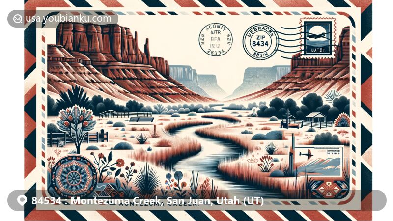 Modern illustration of Montezuma Creek, Utah, featuring postal theme with ZIP code 84534, showcasing San Juan River, red rock formations, Anasazi ruins, local vegetation, and Navajo rug pattern.