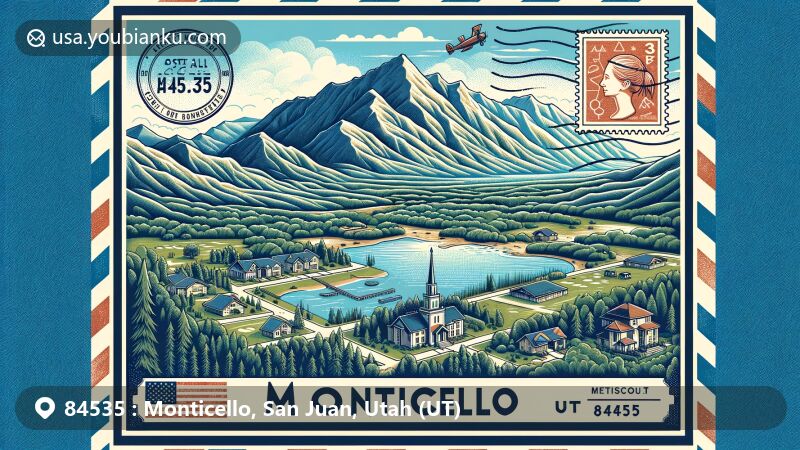 Modern illustration of Monticello, Utah, showcasing postal theme with ZIP code 84535, featuring Monticello Utah Temple, Hideout Golf Course, Manti-La Sal National Forest, and Newspaper Rock petroglyphs.