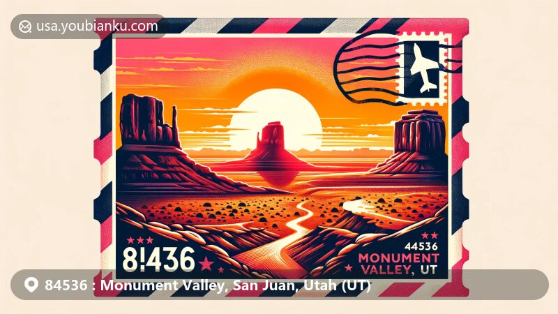 Modern illustration of Monument Valley, showcasing East and West Mitten Buttes and Merrick Butte at sunset, with a postal theme featuring air mail envelope, vintage postage stamp, and postal mark with ZIP code 84536, blending nature and postal elements.