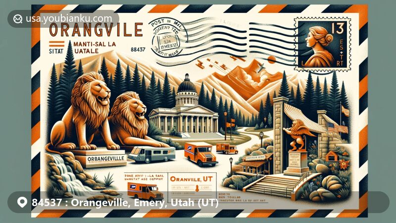 Modern illustration of Orangeville, Emery County, Utah, with Manti-La Sal National Forest, stone lions at Utah State Capitol, vintage air mail envelope, Utah State Flag stamp, ZIP code 84537, Orangeville, UT postmark, theater curtain, postal truck, scenic natural environment.
