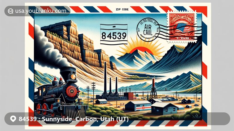 Modern illustration of Sunnyside, Carbon County, Utah, highlighting the area's coal mining history, iconic Book Cliffs, and postal symbols with emphasis on ZIP code 84539.