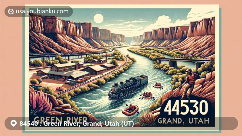 Modern illustration of Green River, Grand County, Utah, capturing the essence of ZIP code 84540 with majestic river winding through desert landscape, notable canyons, San Rafael Swell region, Denver and Rio Grande Western Railroad, Green River Launch Complex, and rafting activities.