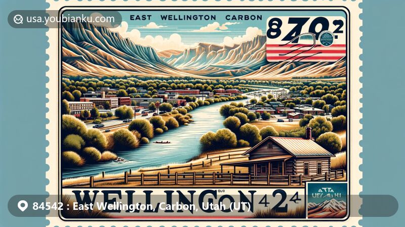 Modern illustration of East Wellington, Carbon County, Utah, featuring ZIP code 84542, showcasing vintage postcard design with Bookcliff Mountains, Price River, historical cabin, and Utah state flag.