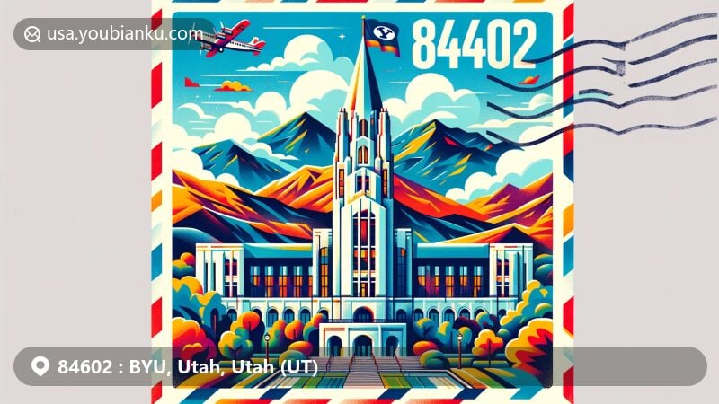 Modern illustration of Brigham Young University campus in Provo, Utah, set against vibrant backdrop depicting iconic buildings like Abraham O. Smoot Administration Building, embracing postal theme with airmail envelope and ZIP code 84602, featuring Utah landscape elements and BYU's mascot, Cosmo the Cougar.