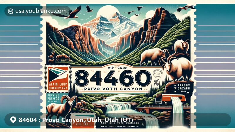 Modern illustration of Provo Canyon, Utah, UT, showcasing natural beauty with Mount Timpanogos, Alpine Loop Scenic Byway, and Bridal Veil Falls, integrated with Utah's wildlife like big horn sheep and black bears.