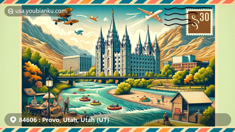 Modern illustration of Provo, Utah, Utah (UT), featuring Provo City Center Temple, Y Mountain, Provo River, and Utah state symbols, capturing the city's heritage, natural beauty, and vibrant culture.