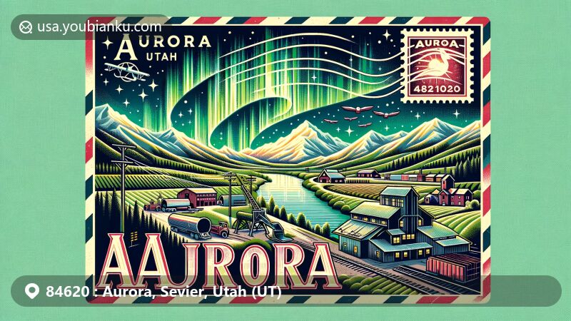 Modern illustration of Aurora, Utah, in Sevier County, ZIP code 84620, capturing the town's landscape within a vintage airmail envelope, depicting agricultural and coal mining themes with farmland, coal mine entrance, and mining equipment, featuring Sevier River and Northern Lights.