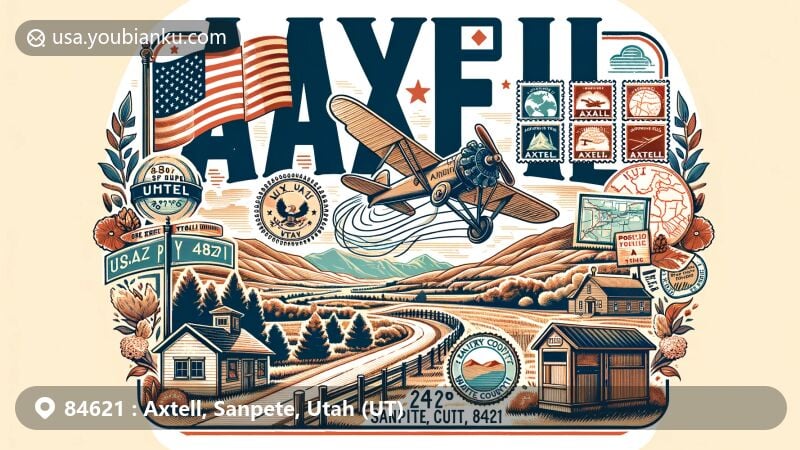 Modern illustration of Axtell, Utah, showcasing ZIP code 84621 and Sevier Valley location, featuring Utah state flag, Sanpete County map, U.S. Route 89, and vintage postal elements.