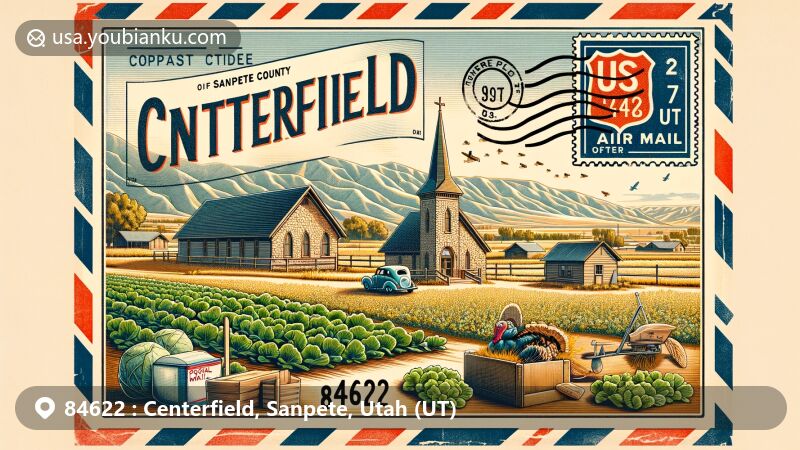 Modern illustration of Centerfield, UT, highlighting postal theme with ZIP code 84622, showcasing town's history and natural beauty, including iconic stone church, adobe homes, agricultural symbols, and vintage postal elements.