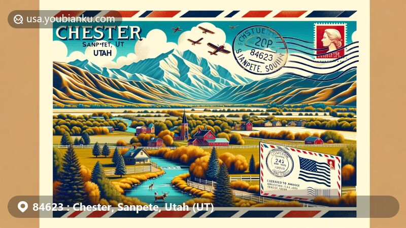 Modern illustration of Chester community, Sanpete County, Utah, with ZIP code 84623, featuring serene landscape with Manti-La Sal Mountains in background and stylized vintage airmail envelope in foreground.