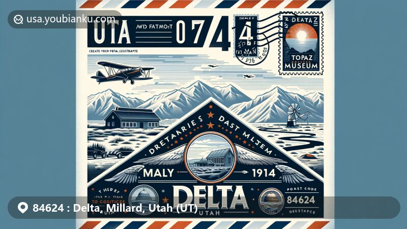 Modern illustration of Delta, Utah featuring airmail envelope with ZIP code 84624, showcasing Topaz Museum, Great Basin Museum symbol, and historical postmark, capturing the essence of Delta's history and natural beauty.