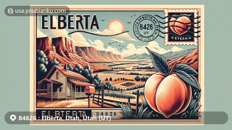 Modern postcard illustration of Elberta, Utah, depicting rural charm and scenic beauty of Goshen Valley, featuring a stylized Elberta peach, Utah's red rock landscapes, vintage postage stamp, postal mark '84626 Elberta, UT,' and old-fashioned mailbox.