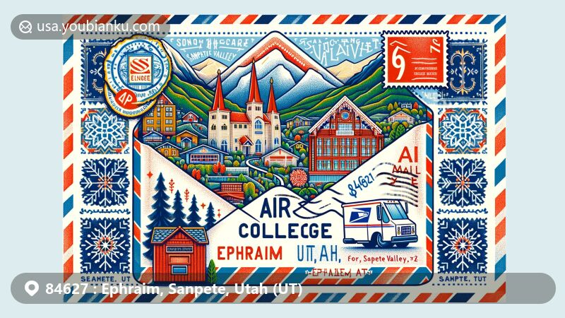 Modern illustration of Ephraim, Utah, featuring Snow College for education, Scandinavian cultural patterns, and natural beauty of Sanpete Valley, including mountains and green valleys, with postal themes like a stamp, postmark with ZIP code 84627, and a mailbox or mail van.