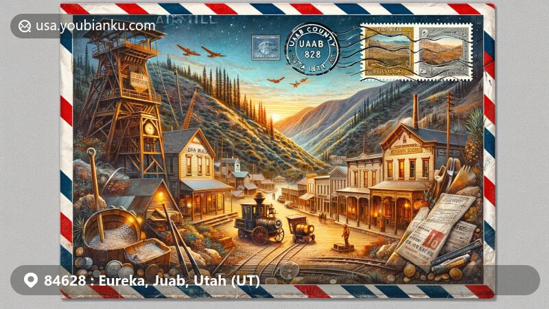 Modern illustration showcasing Eureka, Juab County, Utah, with a postal theme for ZIP code 84628, featuring Tintic Mining Museum, historic Main Street buildings, mining headframe, and symbols of Eureka's mining heritage.