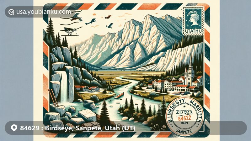 Modern illustration of Birdseye, Sanpete, Utah, showcasing unique geographical features and landmarks, including Birdseye Marble Quarry and Bennie Creek, with postal elements like vintage stamp and airmail envelope.