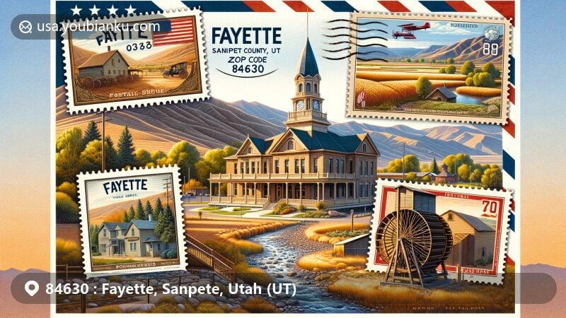 Modern illustration of Fayette, Sanpete County, Utah, focusing on ZIP code 84630, highlighting Fayette Town Hall against landscapes, creeks, farmlands, and historical flour mill. Features vintage postal elements like postcard border, air mail envelope, postage stamps with Utah state flag, and Fayette Meeting House, with 'Fayette, UT 84630' postmark.