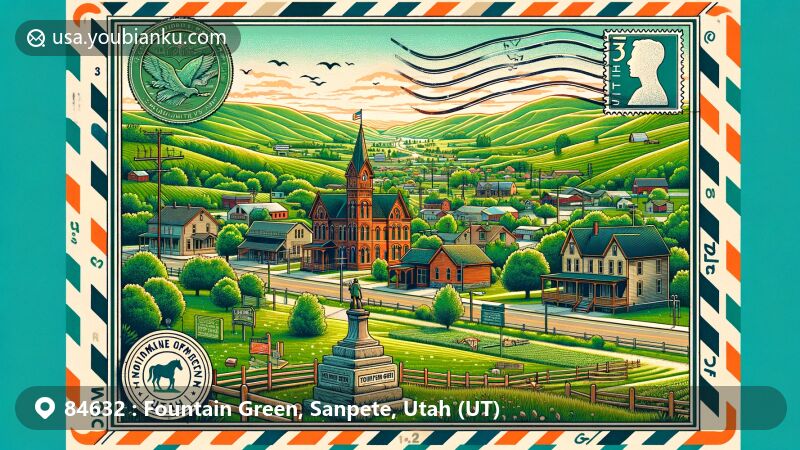 Modern illustration of Fountain Green, Utah, featuring town landmarks and cultural elements in a postcard design with ZIP code 84632, highlighting green landscapes and historical aspects.